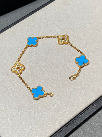 CLOVER 5 MOTIF TURQUOISE DIAMOND GOLD BRACELET