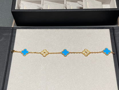 CLOVER 5 MOTIF TURQUOISE DIAMOND GOLD BRACELET