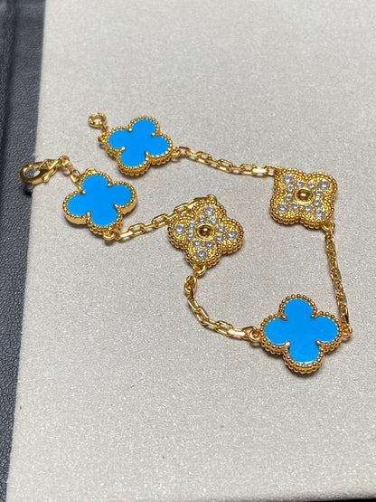 CLOVER 5 MOTIF TURQUOISE DIAMOND GOLD BRACELET