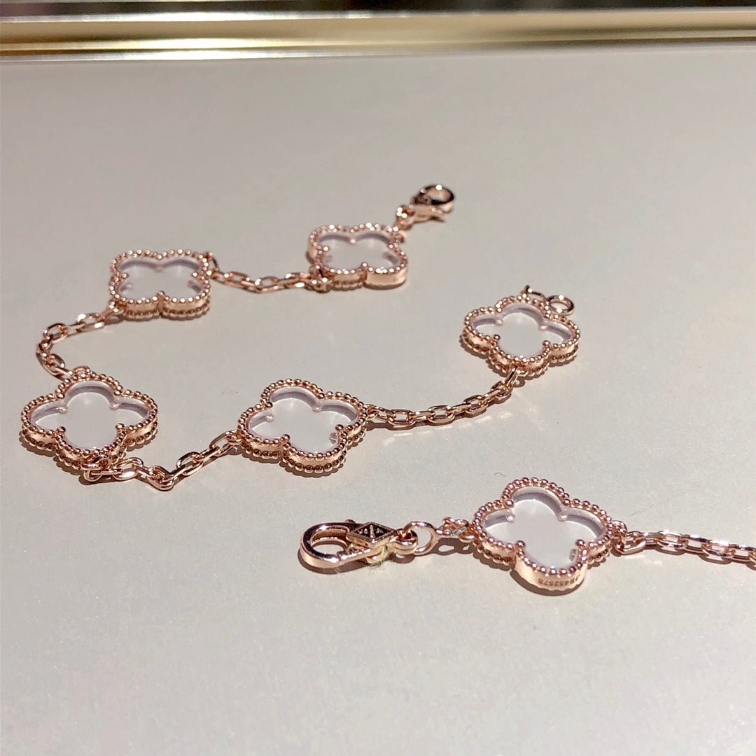 CLOVER 5 MOTIF ROCK CRYSTAL PINK GOLD BRACELET