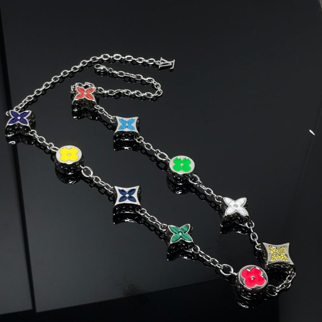 STAR AND SUN MULTICOLOR CHAIN SILVER NECKLACE