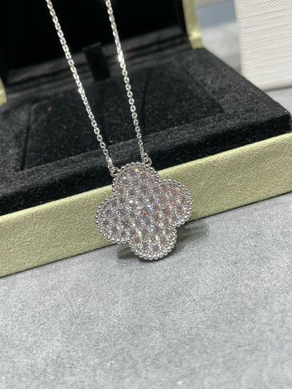 CLOVER LARGE PENDANT DIAMOND PAVED SILVER NECKLACE