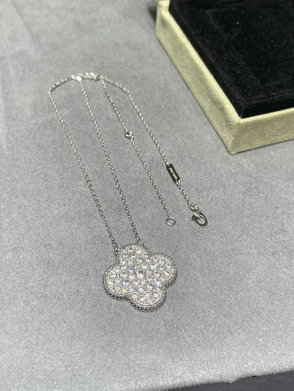 CLOVER LARGE PENDANT DIAMOND PAVED SILVER NECKLACE