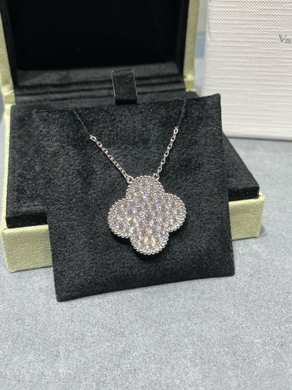 CLOVER LARGE PENDANT DIAMOND PAVED SILVER NECKLACE