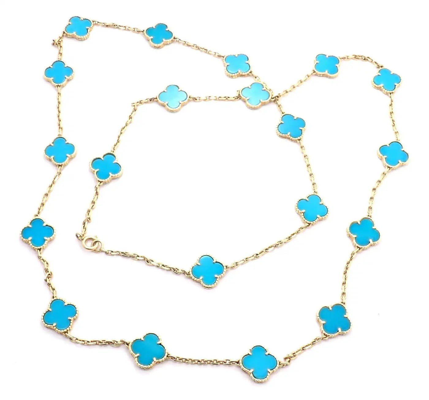 CLOVER 20 MOTIF TURQUOISE 86CM GOLD NECKLACE