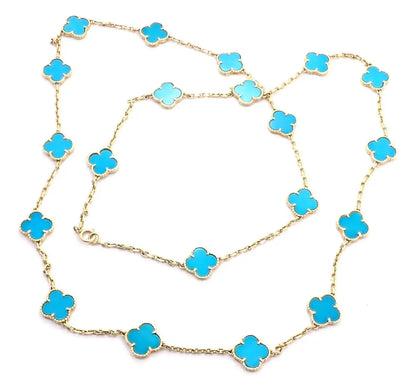 CLOVER 20 MOTIF TURQUOISE 86CM GOLD NECKLACE