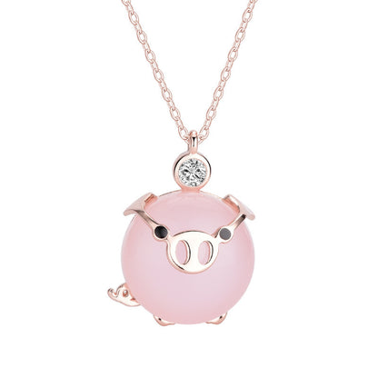 Rich Pig Clavicle Chain Cute Animal Pink Piggy Pink Crystal Necklace Jewelry