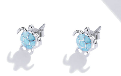 Silvery Blue Turtle 925 Silver Earrings Necklace Set Creative Cute Animal Turtle Jewelry