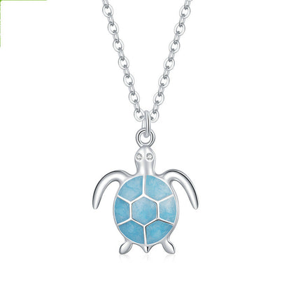 Silvery Blue Turtle 925 Silver Earrings Necklace Set Creative Cute Animal Turtle Jewelry