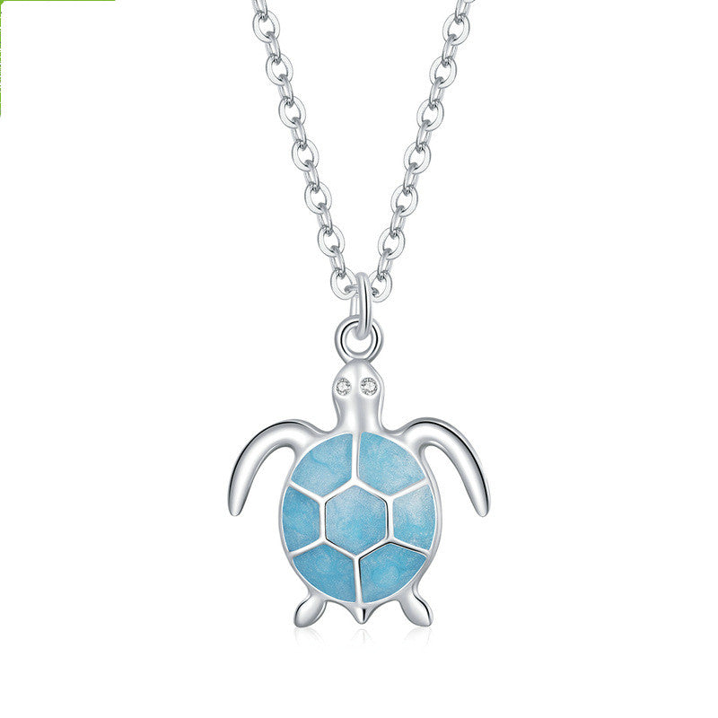 Silvery Blue Turtle 925 Silver Earrings Necklace Set Creative Cute Animal Turtle Jewelry