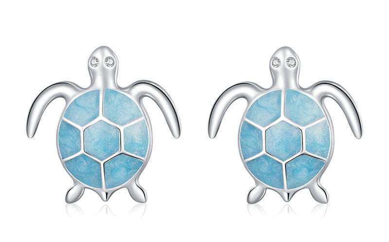 Silvery Blue Turtle 925 Silver Earrings Necklace Set Creative Cute Animal Turtle Jewelry