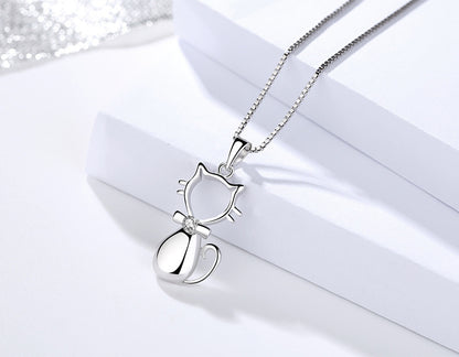 Cute Cat Necklace Sterling Silver Pendant - Korean Style Jewelry