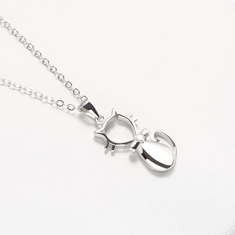 Cute Cat Necklace Sterling Silver Pendant - Korean Style Jewelry