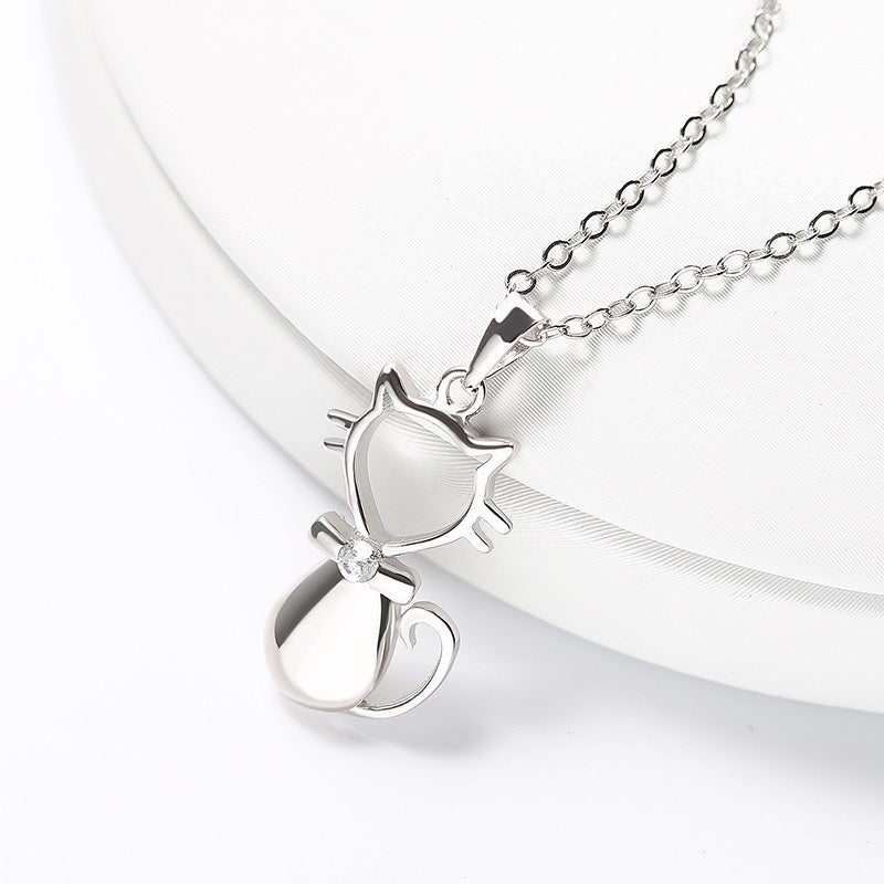 Cute Cat Necklace Sterling Silver Pendant - Korean Style Jewelry