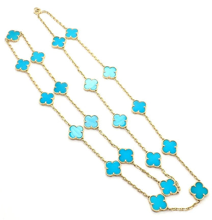 CLOVER 20 MOTIF TURQUOISE 86CM GOLD NECKLACE