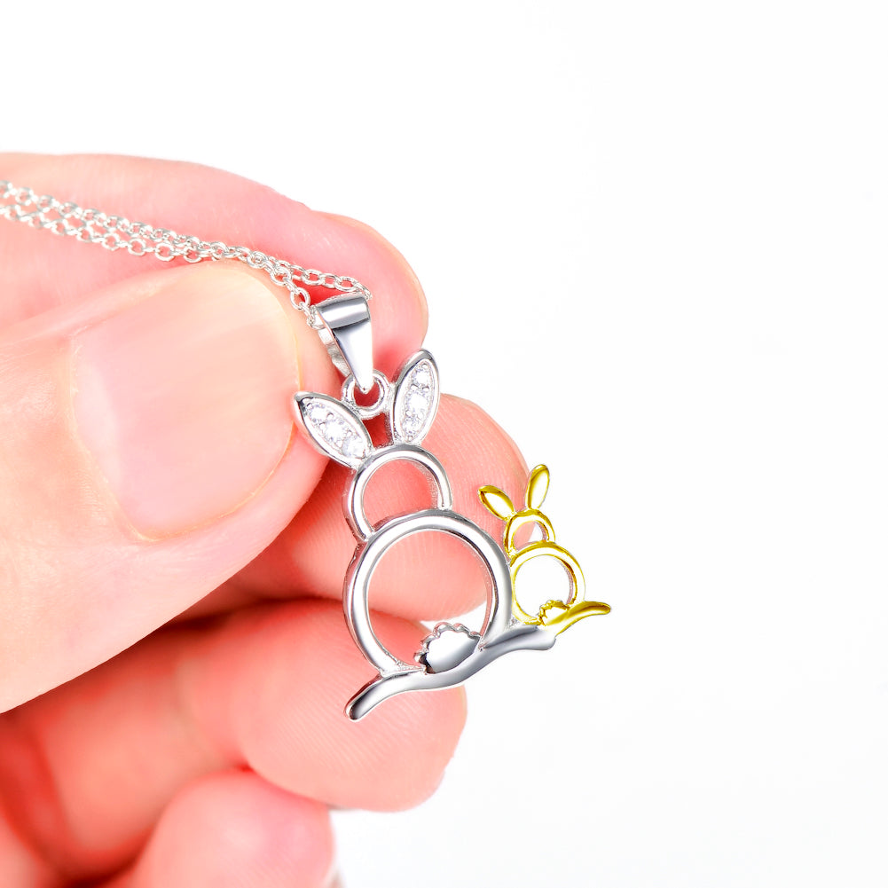 Cute Gold & Silver Rabbits Pendant 925 Silver Necklace