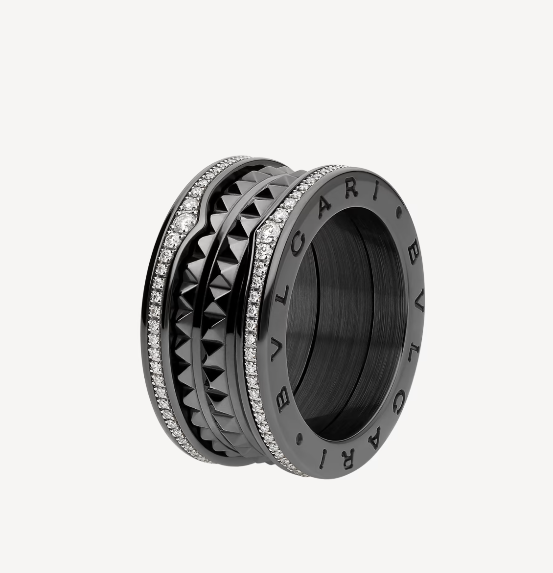 ZERO 1 ROCK FOUR-BAND BLACK CERAMIC WITH STUDDED SPIRAL AND PAVED DIAMONDS RING