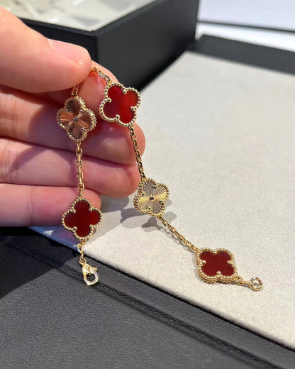 CLOVER BRACELET 5 MOTIFS CARNELIAN PINK GOLD