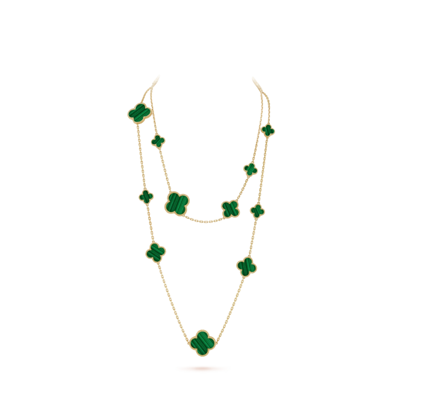 CLOVER 16 MOTIF MALACHITE PINK GOLD NECKLACE