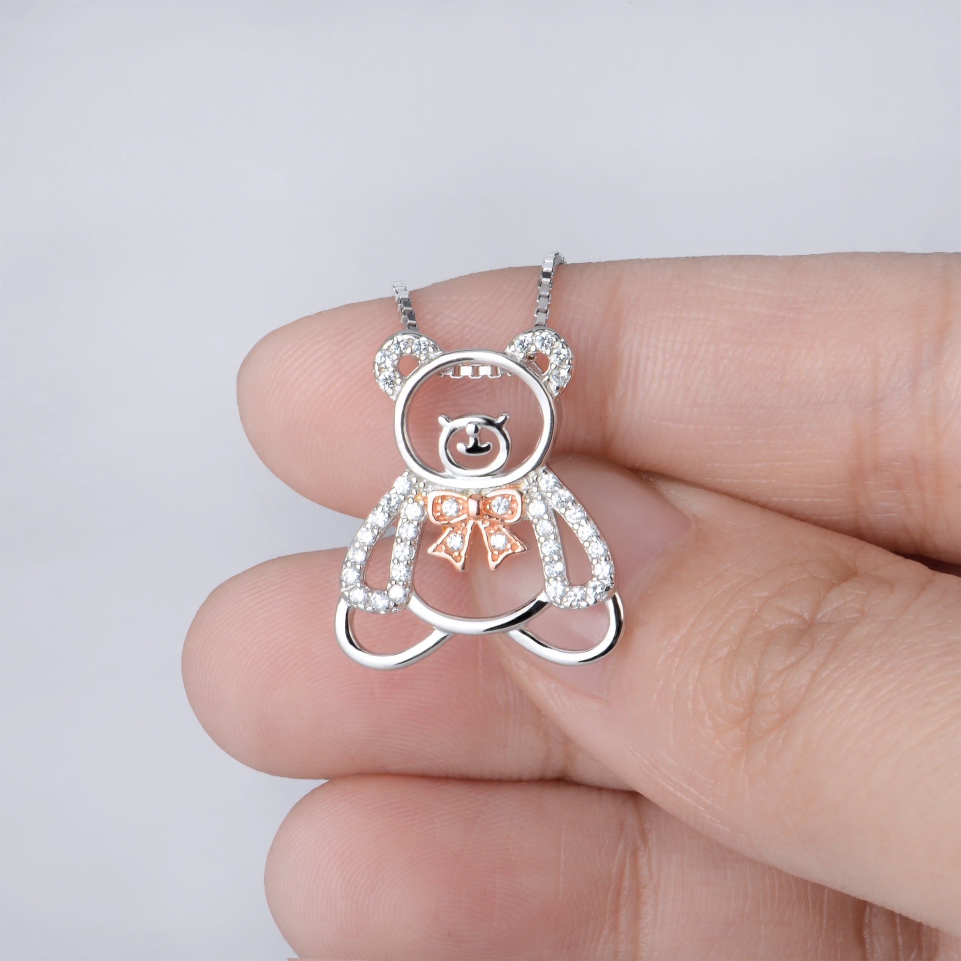 Cute Hollow Out Bear Pendant 925 Silver Necklace