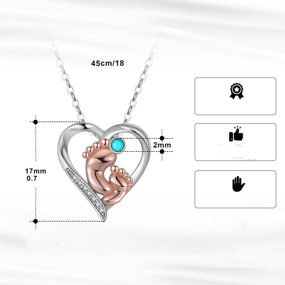 Love Footprint Sterling Silver Necklace - Heart Pendant with Turquoise