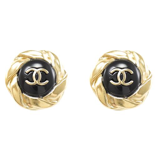 DOUBLE C MEDIUM STUD GOLD BLACK EARRINGS