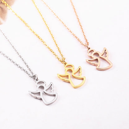 Titanium Steel Cutting Simple Female Cute Guardian Angel Wings Pendant Hollow Necklace