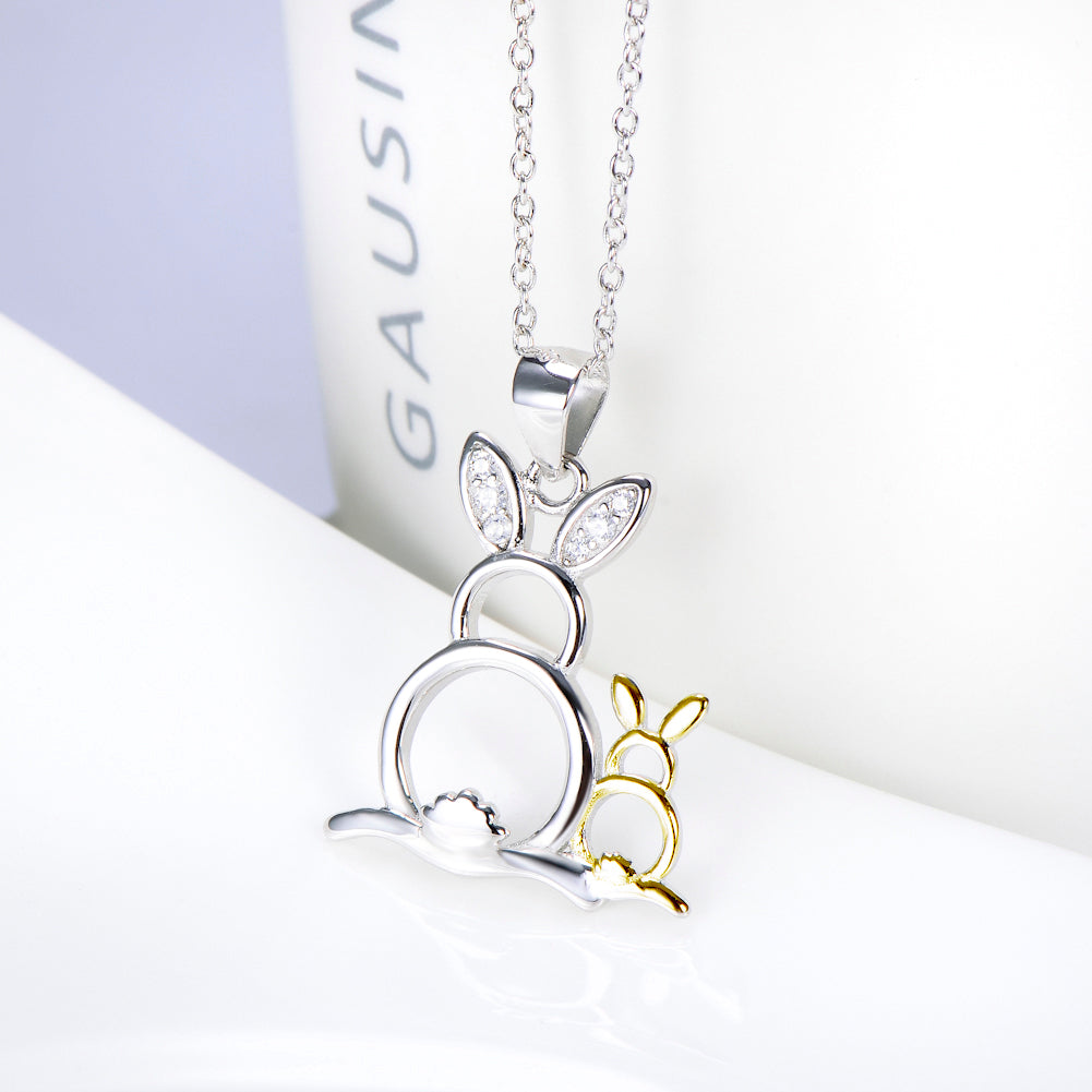 Cute Gold & Silver Rabbits Pendant 925 Silver Necklace