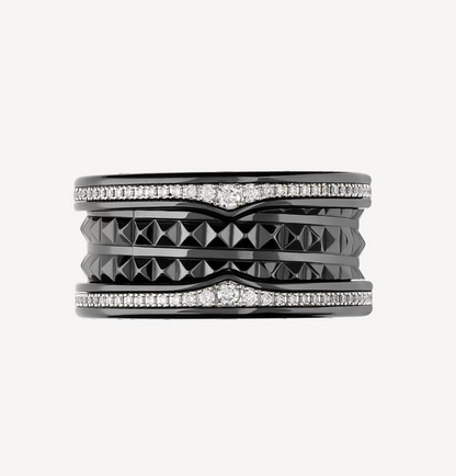 ZERO 1 ROCK FOUR-BAND BLACK CERAMIC WITH STUDDED SPIRAL AND PAVED DIAMONDS RING