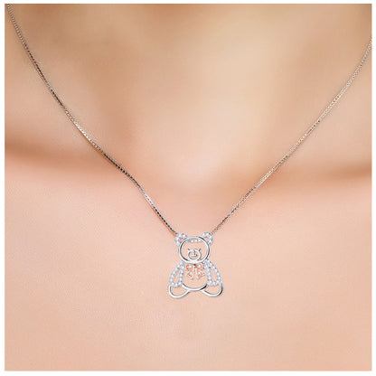 Cute Hollow Out Bear Pendant 925 Silver Necklace