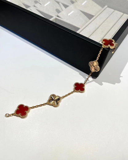 CLOVER BRACELET 5 MOTIFS CARNELIAN PINK GOLD