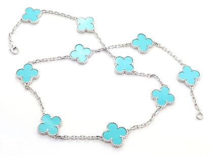 CLOVER 10 MOTIF TURQUOISE SILVER NECKLACE