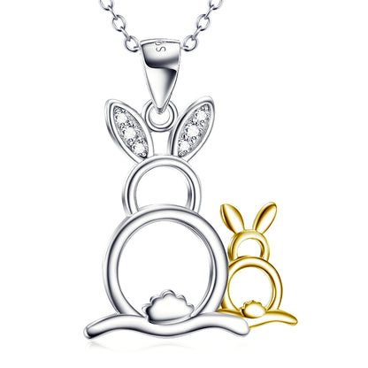 Cute Gold & Silver Rabbits Pendant 925 Silver Necklace