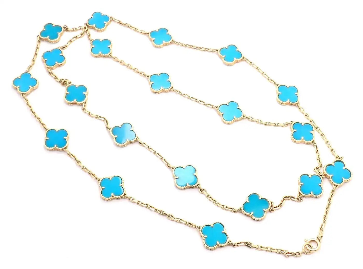 CLOVER 20 MOTIF TURQUOISE 86CM GOLD NECKLACE