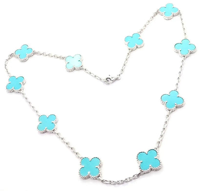 CLOVER 10 MOTIF TURQUOISE SILVER NECKLACE