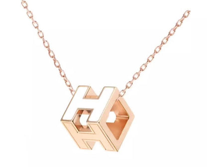 H WHITE SQUARE PINK GOLD NECKLACE