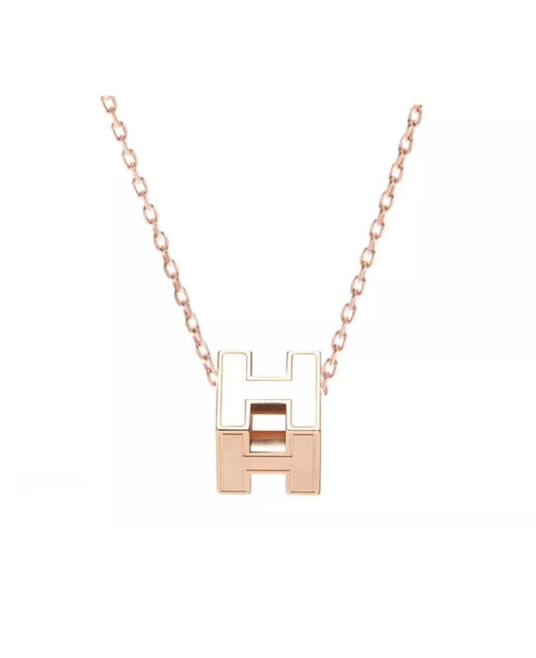 H WHITE SQUARE PINK GOLD NECKLACE