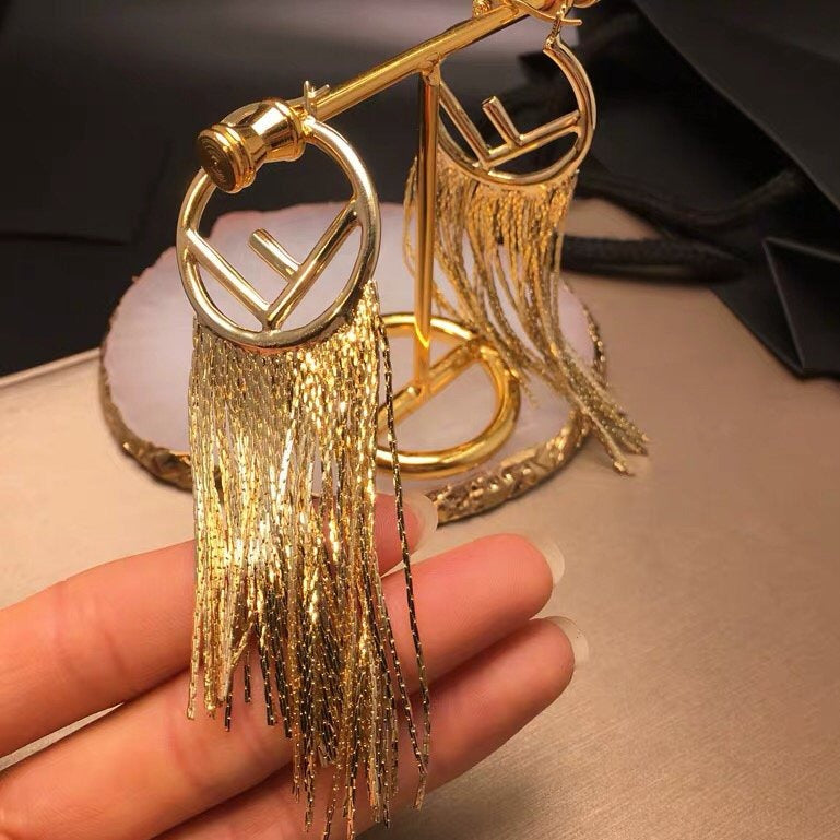 F LOGO TASSELS GOLD EARRINGS