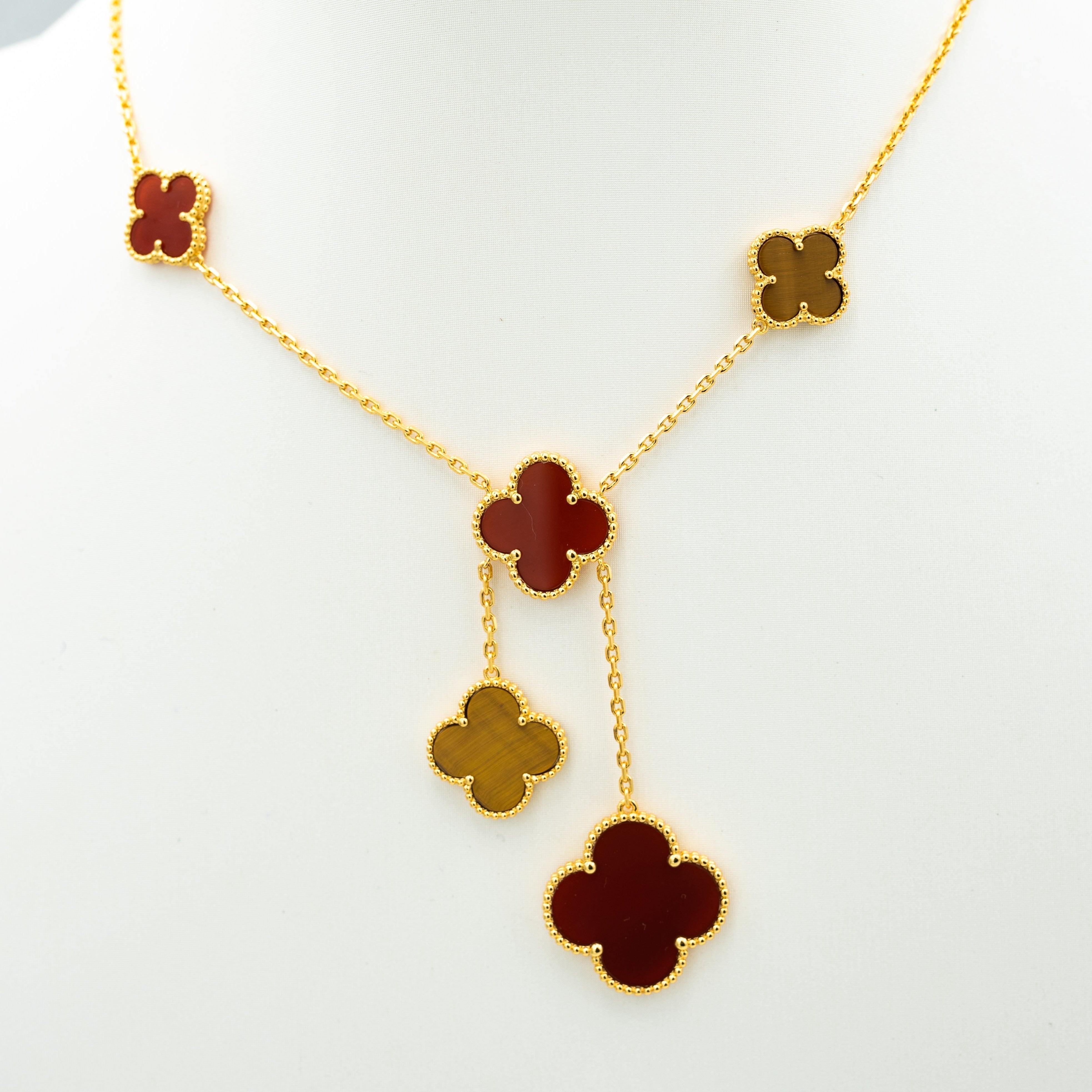 CLOVER TIGER EYE CARNELIAN NECKLACE 6 MOTIF