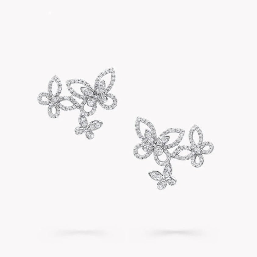 TRIPLE BUTTERFLY SIHOUETTE SILVER DIAMOND EARRINGS