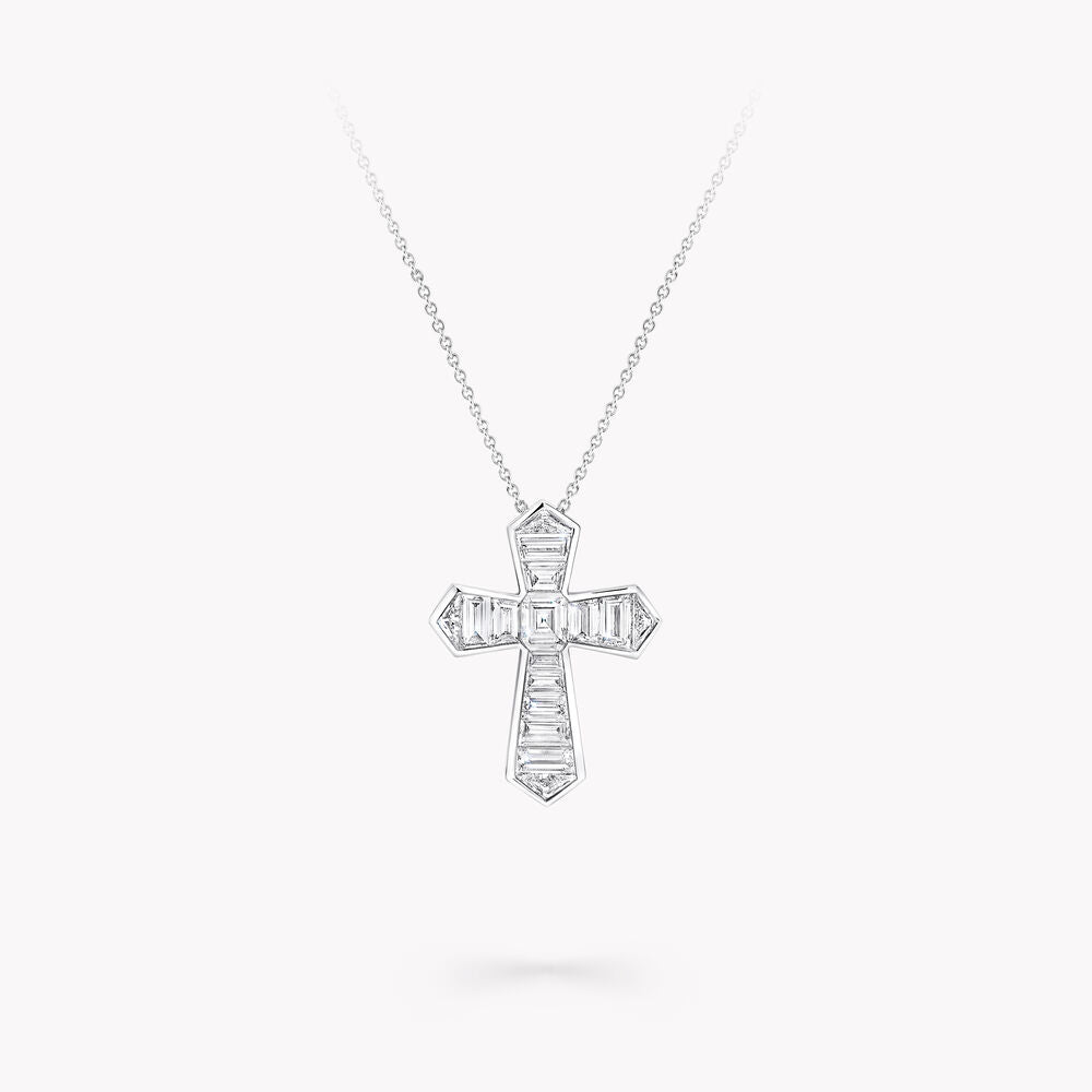 BAGUETTE CUT SILVER DIAMOND CROSS NECKLACE