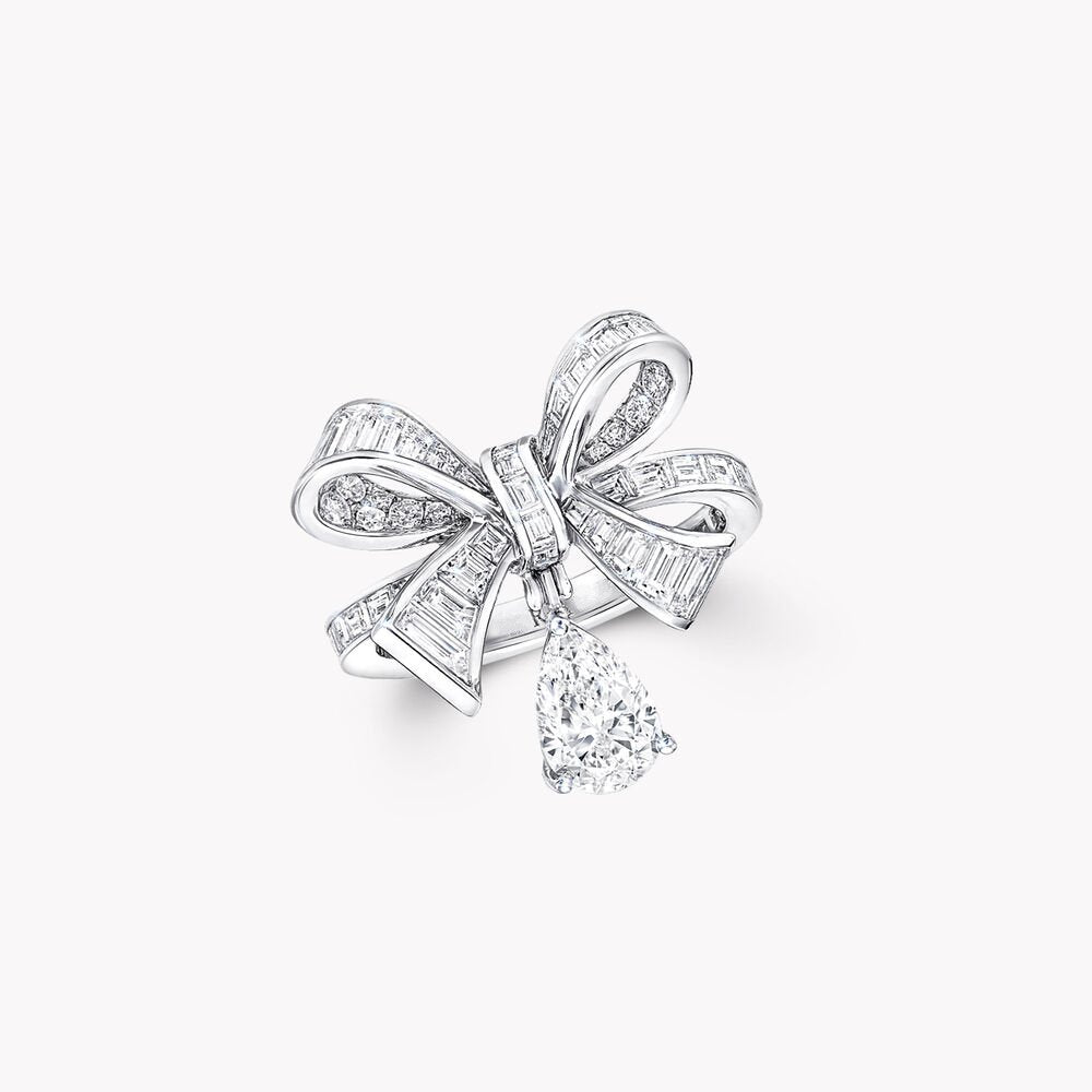 TILDAS BOW BAGUETTE CUT SILVER DIAMOND DROP RING