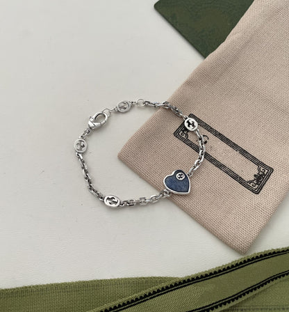 GG HEART AGED FINISH STERLING SILVER BLUE ENAMEL BRACELET