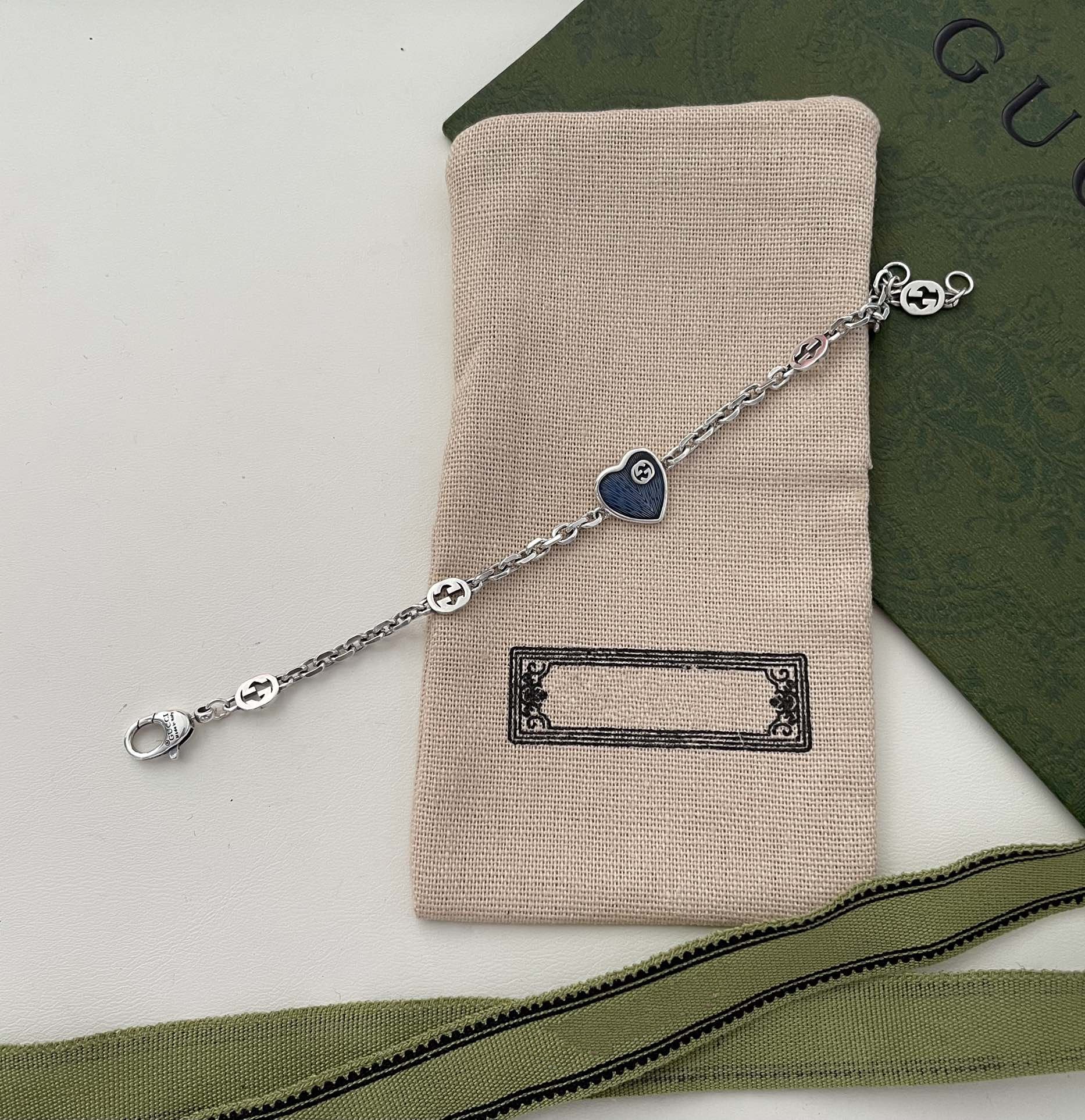 GG HEART AGED FINISH STERLING SILVER BLUE ENAMEL BRACELET