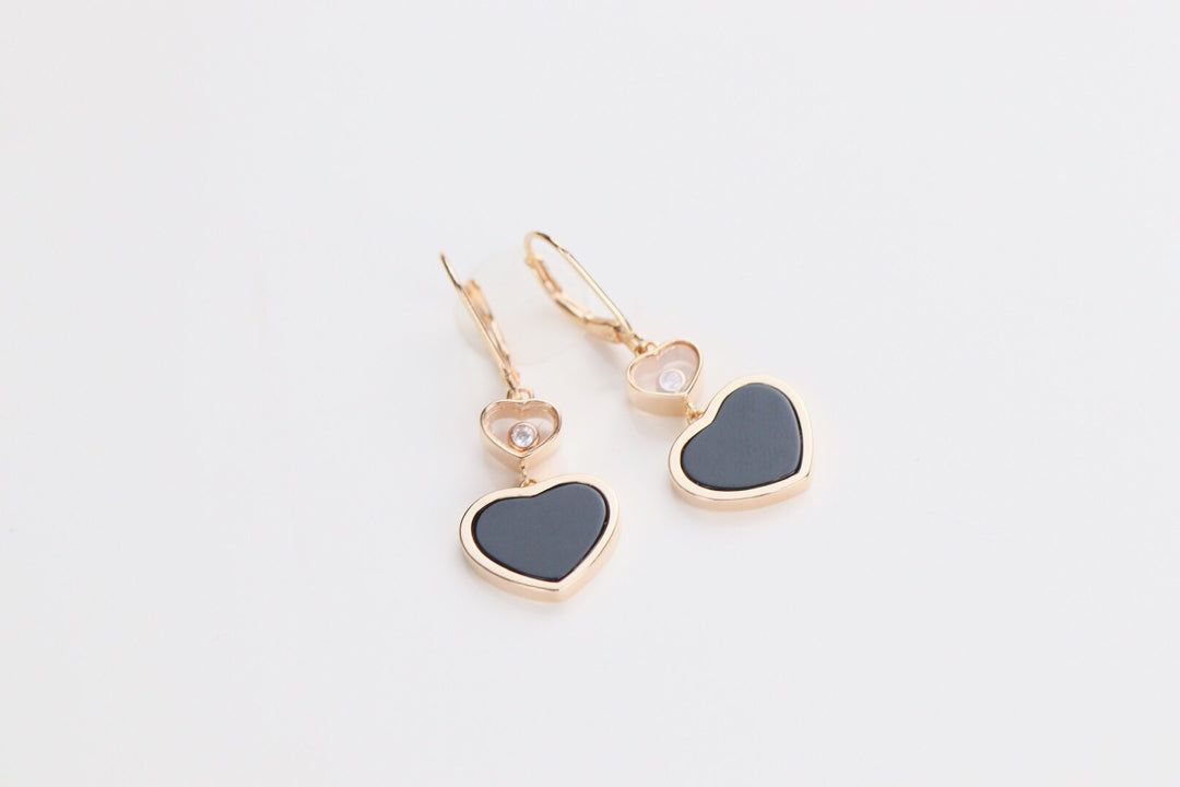 HAPPY HEART EARRINGS ONYX PINK GOLD DIAMOND