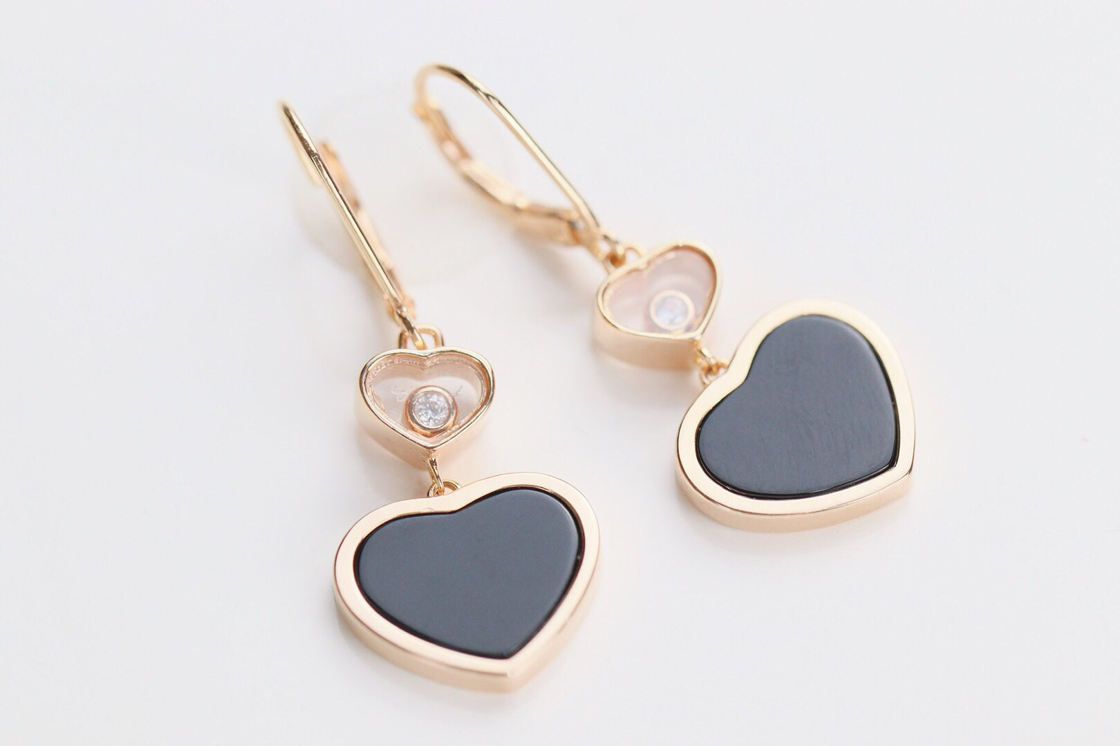 HAPPY HEART EARRINGS ONYX PINK GOLD DIAMOND