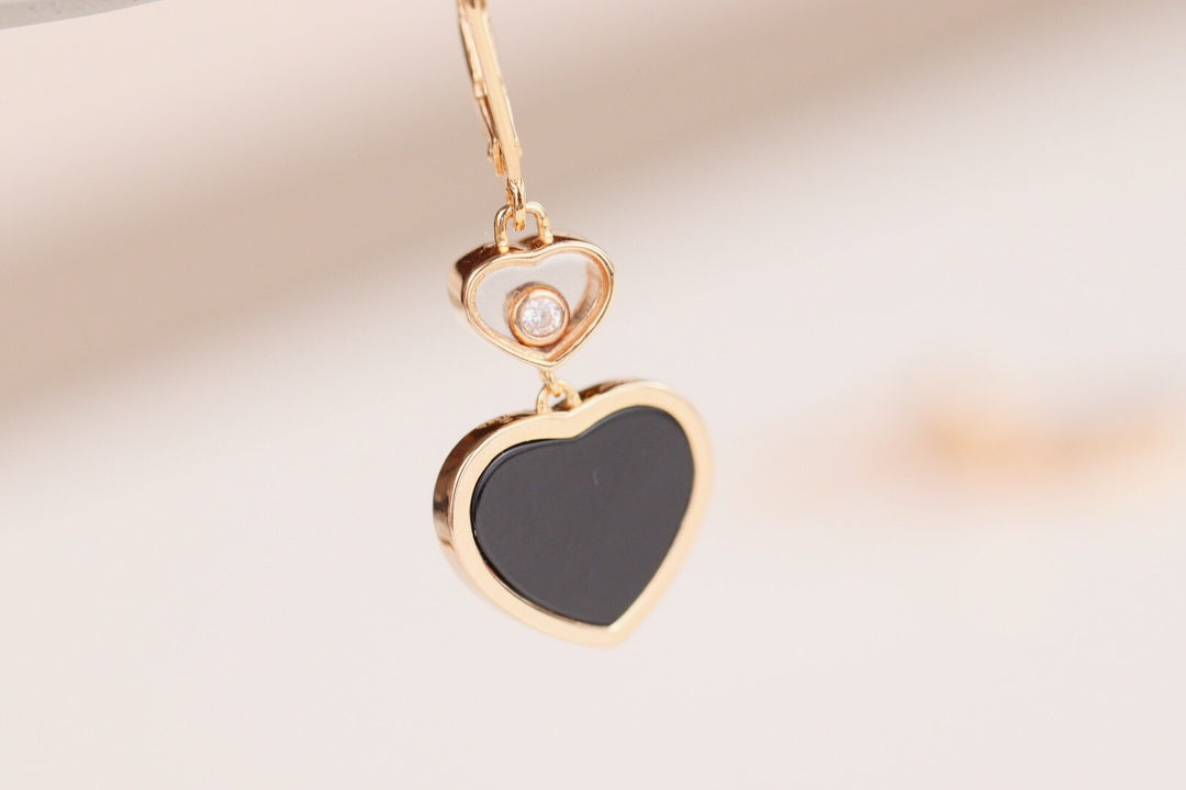 HAPPY HEART EARRINGS ONYX PINK GOLD DIAMOND