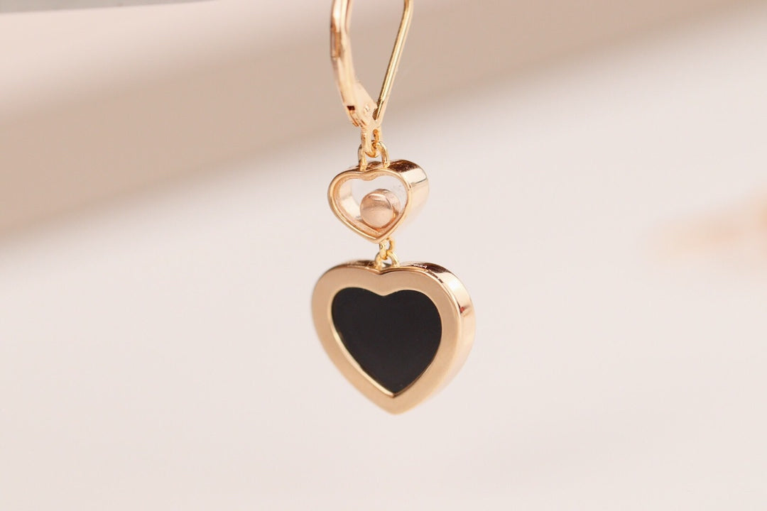 HAPPY HEART EARRINGS ONYX PINK GOLD DIAMOND