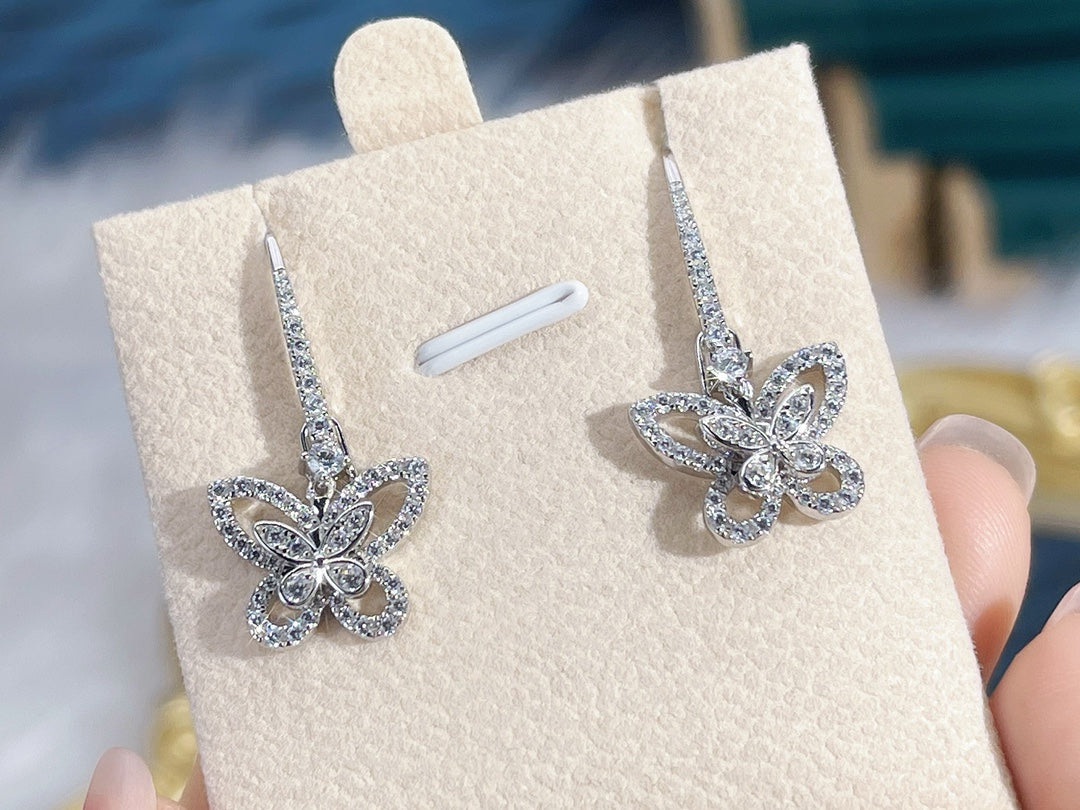 DOUBLE BUTTERFLY SILHOUETTE SILVER DIAMOND EARRINGS