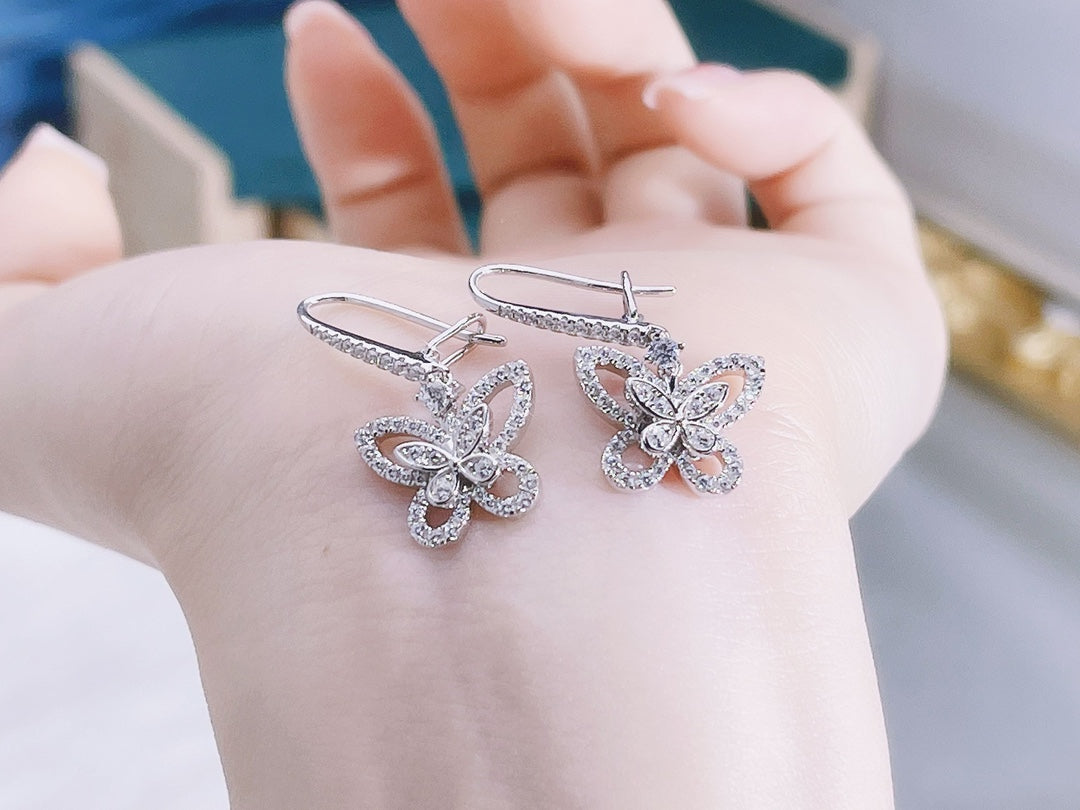 DOUBLE BUTTERFLY SILHOUETTE SILVER DIAMOND EARRINGS